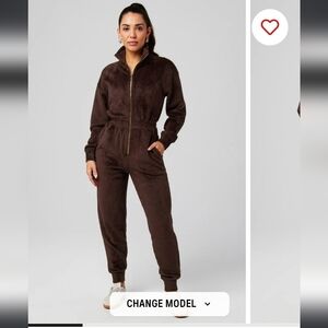 Chocolate Brown Velour Jumpsuit with Zip-Up Front and Relaxed Fit